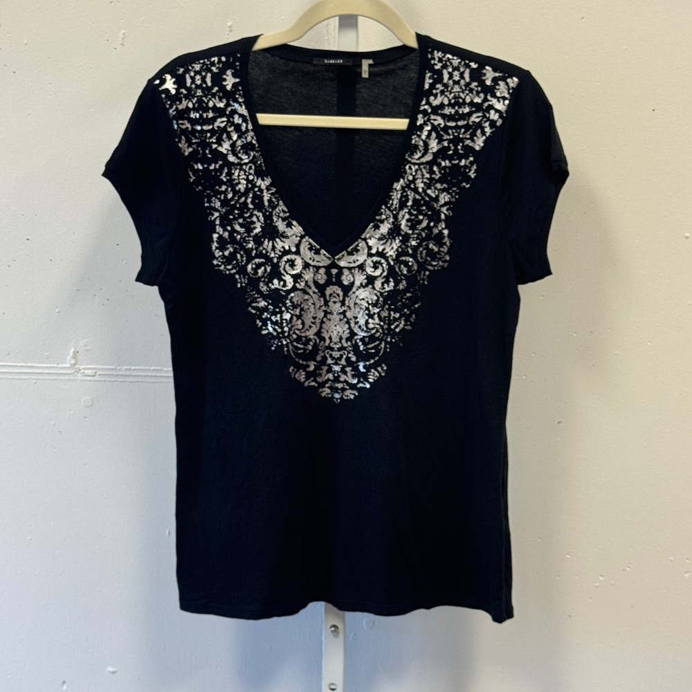 Tahari Womens Black Silver Metallic Damask V-Neck Cotton T-Shirt Size Large